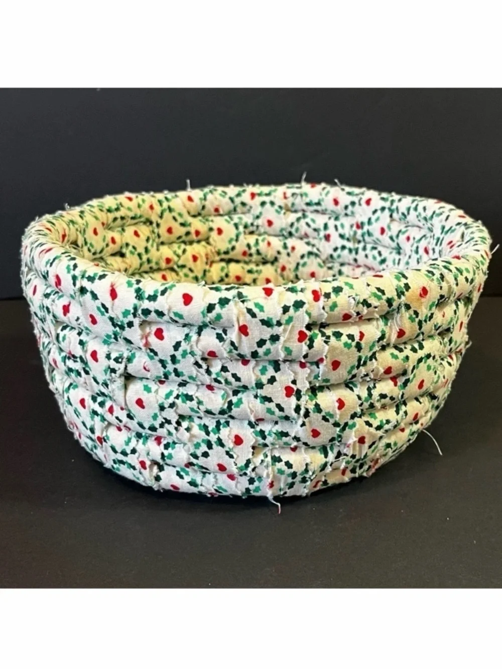 Handmade Coiled Fabric Rope Bowl Basket Christmas White Red Green Holiday Heart